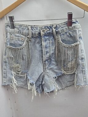 Distressed Light Blue Denim Shorts with Silver Fringe